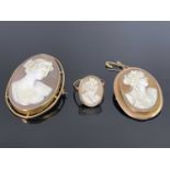 9 carat gold cameo jewellery including two brooches and a ring, ring size P, largest brooch 5cm (3)