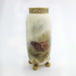 Harry Stinton for Royal Worcester, a highland cattle painted vase, circa 1919, cylindrical form,