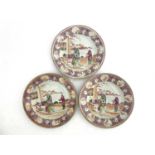Three Chinese export plates, Cantonese, 19th century, painted with court scenes of scholars and tea,