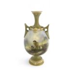 Harry Davis for Royal Worcester, a sheep painted vase, circa 1909, globular twin handled pedestal