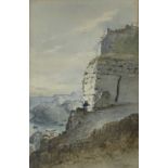 W..Key (British, late 19th Century), a clifftop at sunset; a clifftop path with hiker, a pair,