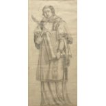 Pre-Raphaelite School, Portrait of a Saint, depicted holding a quill and manuscript, pencil drawing,