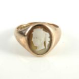 A 9ct gold carved cameo ring, female portrait within tapered band, ring size P