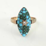 A Victorian turquoise and diamond ring, navette form, green and turquoise pave set cabochons with