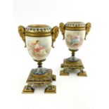 Collet, pair of porcelain metal mounted vases, urn form, painted with muses and putti in clouds,