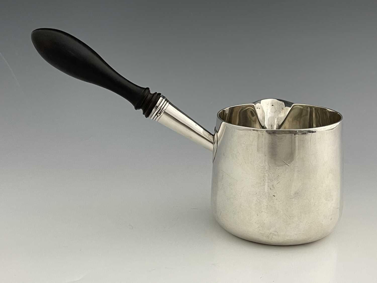 A George III silver saucepan, of cylindrical form with side-pouring spout, turned wooden baluster - Image 2 of 6