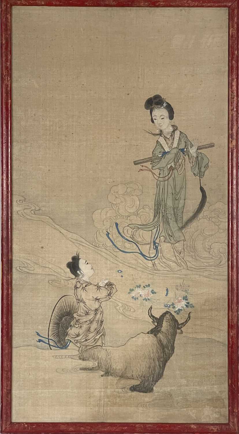 China (18th/19th century), Figures and cow among landscape, Chinese Qing dynasty, label verso J