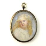 An Edwardian portrait miniature, oval, depicting a blonde haired girl in white dress, 7cm x 6cm,