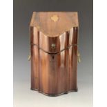 A George III mahogany flatware box, circa 1790, crossbanded and strung, shell inlay to the hinged