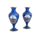 A pair of Continental enamelled silver vases, of sall proportions, pedestl urn form, blue
