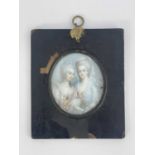 A late 19th century portrait miniature, depicting two 18th century women, half length oval, in