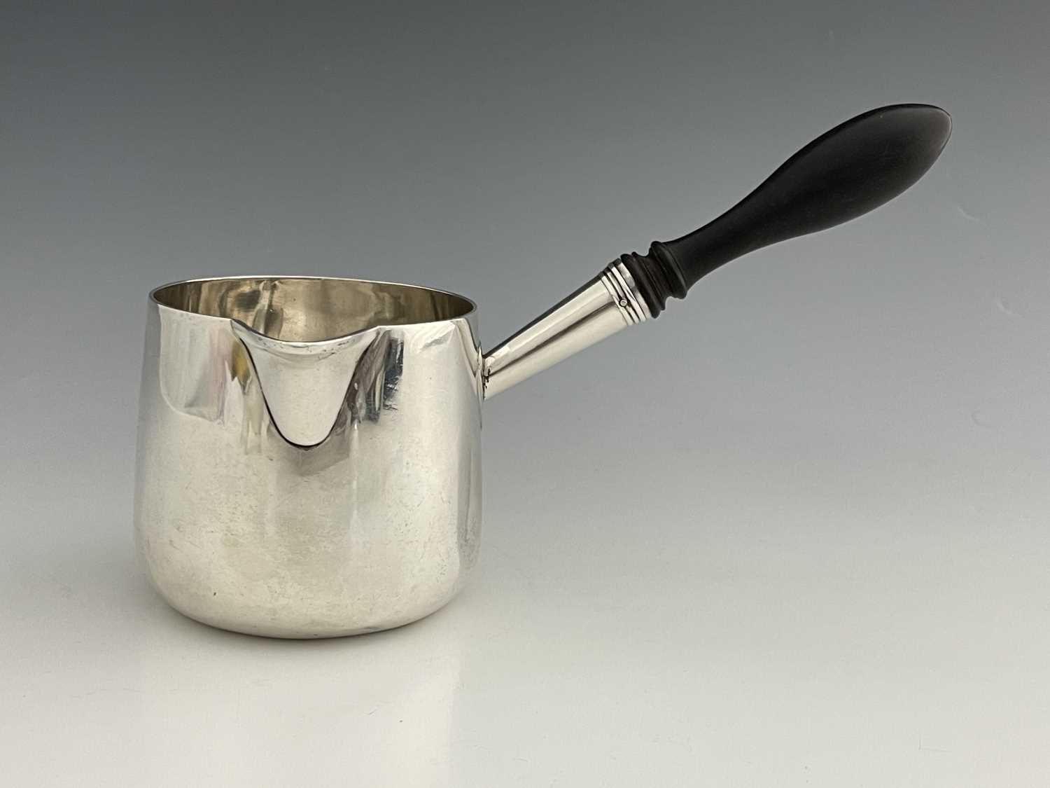 A George III silver saucepan, of cylindrical form with side-pouring spout, turned wooden baluster - Image 6 of 6