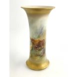 Harry Stinton for Royal Worcester, a Highland cattle painted spill vase, circa 1918, cylindrical