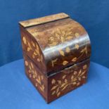 An Victorian mahogany and marquetry inlaid box, together with three glass flasks and stoppers, facet