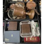 A quantity of copper and metalwares, including twin handled trophy cup, a set of graduating pans,