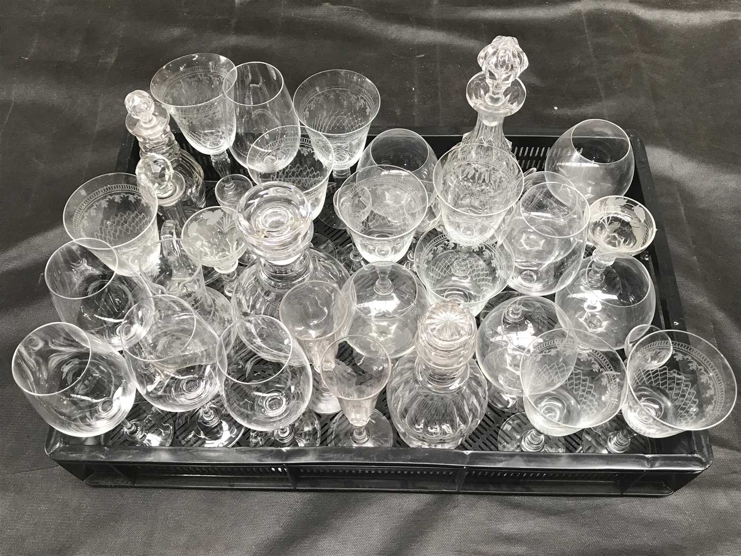 Assorted glassware, including Riedel wine glasses, five decanters, jug etc