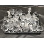 Assorted glassware, including Riedel wine glasses, five decanters, jug etc