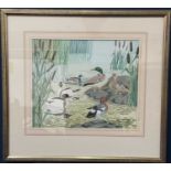 Elizabeth Morris, Ducks in a reeded riverscape, gouache on paper, signed, 28 x 34 cm, framed