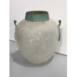An opaque glass vase, shouldered form with embossed verdi gris metal mounts