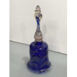 A Victorian Nailsea blue glass bell, with feathered silvered detail, and opaque twist baluster