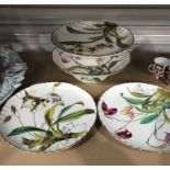 A late Victorian Minton four piece dessert service, decorated with botanical studies in the