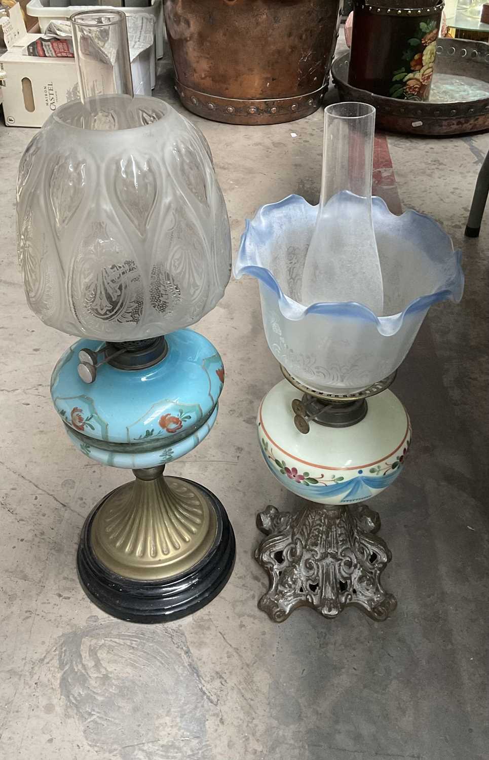 A late 19th century Ditmar oil lamp and shade, painted opaque turquoise glass reservoir on fluted