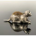 Edwardian silver novelty pin cushion, modelled in the form of a crouching cat, the body with