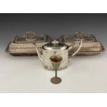 A pair of nineteenth-century plated entree dishes and covers, each of cushioned rectangular form and