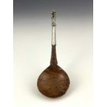 A seventeenth-century Alpine apostle spoon, with fig-shape bowl and hexagonal stem, the turned birch