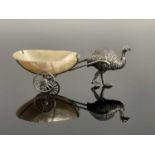 A George V silver novelty pin cushion modelled in the form of an emu with cart, the emu decorated to