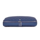 Chanel, a quilted laptop case, designed with a blue canvas exterior, silver-tone hardware to include