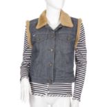 Burberry, a denim gilet and striped top, the blue denim gilet, featuring faux fur trim and the