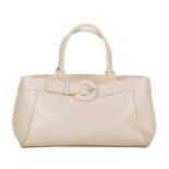 Furla, a cream handbag, featuring front buckle detail, rolled leather handles, and open top, and