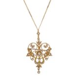 A late Victorian 15ct gold diamond and pearl floral pendant, with chain