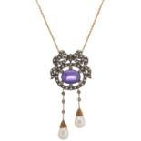 A 9ct gold and silver, amethyst, pearl and diamond bow necklace