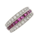 An Art Deco platinum ruby, sapphire and diamond flip ring