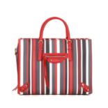 Balenciaga, a striped Papier tote, featuring a striped leather exterior, with red leather trim,