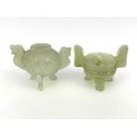 Two Chinese miniature carved jade censors, Ding form with archaistic banding and zoomorphic