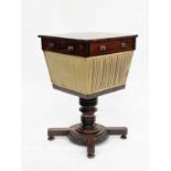 A William IV rosewood work table, circa 1830, pedestal form, the square crossbanded top with three