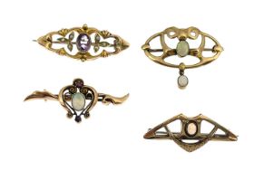 A collection of four 9ct gold brooches, including an opal set openwork example, two similar, and
