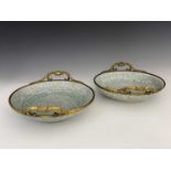 A pair of Chinese celadon crackle-glazed bowls, circular form with cast gilt metal mounts, glazed