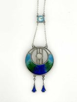 Charles Horner, an Arts and Crafts silver and enamelled pendant, Chester 1906, circular lyre form