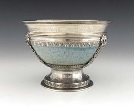 Ruskin Pottery, a silver mounted High Fired bowl, G L Connell, Birmingham 1929, speckled matte