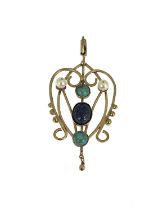 An early 20th century gold, turquoise and lapis lazuli openwork pendant, with pearl duo highlight