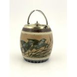 Florence Barlow for Doulton Lambeth, a stoneware biscuit barrel., circa 1881, metal swing handle and