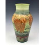 Sally Tuffin for Dennis China Works, a large Highland Cattle vase, inverse baluster form, 2008,