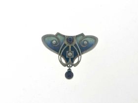 Hermann & Speck, a Jugendstil silver gilt, gem set and enamelled brooch, winged form with open