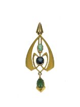 An Art Nouveau gold, sapphire and emerald accent openwork pendant, suspending a green gem cabochon