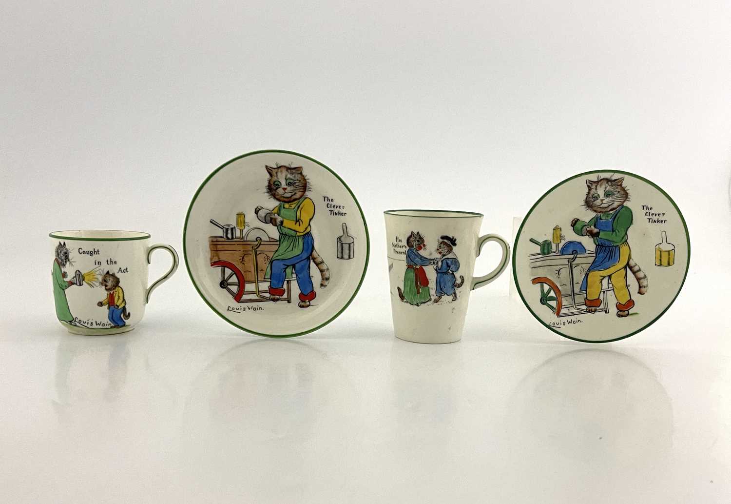 Louis Wain for Paragon China, a cup 'Caught in the Act', a saucer 'The Clever Tinker', a side