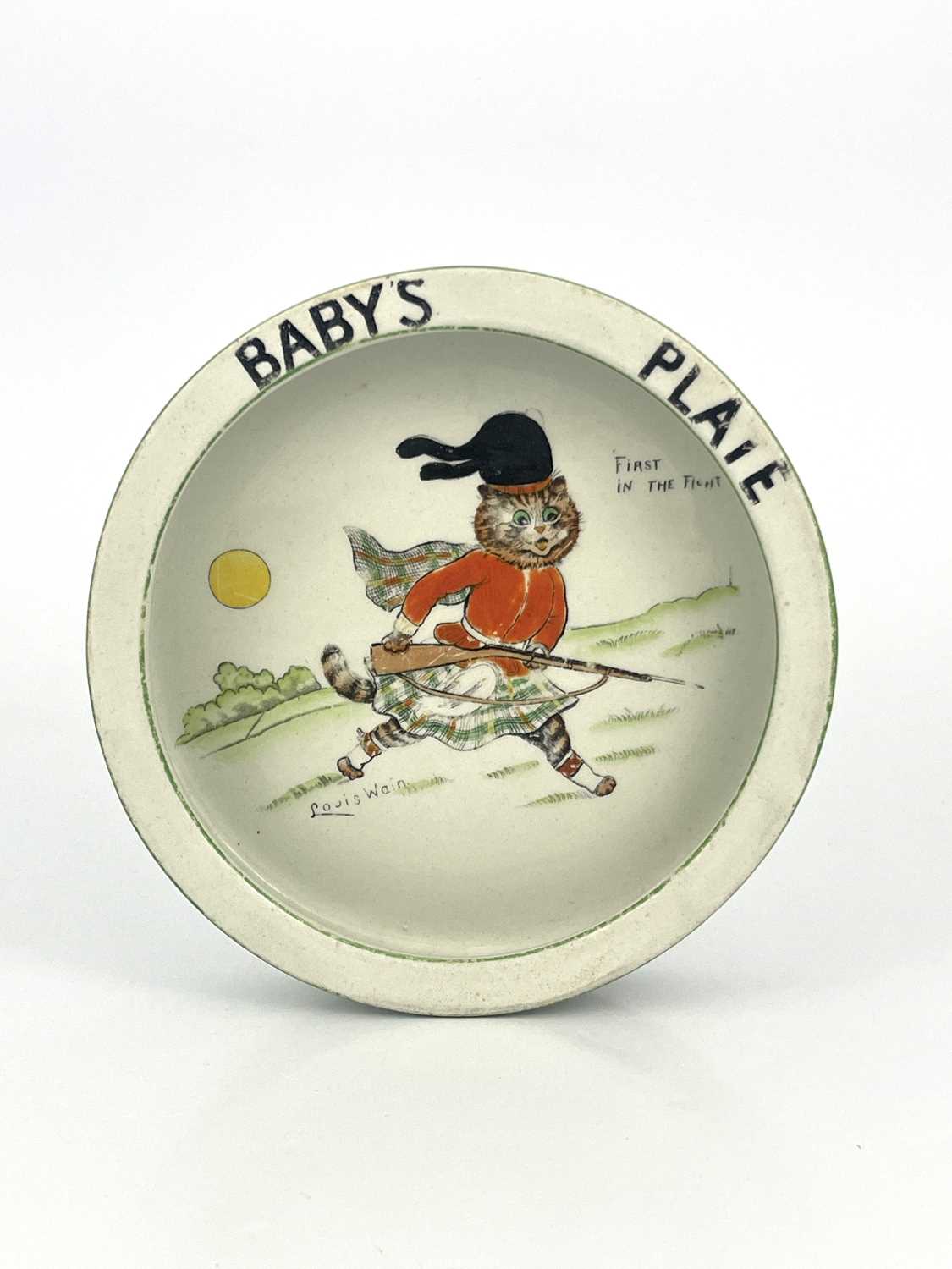 Louis Wain for Paragon, a circular baby's plate, 'First in the Fight', 17.,5cm diameter, black